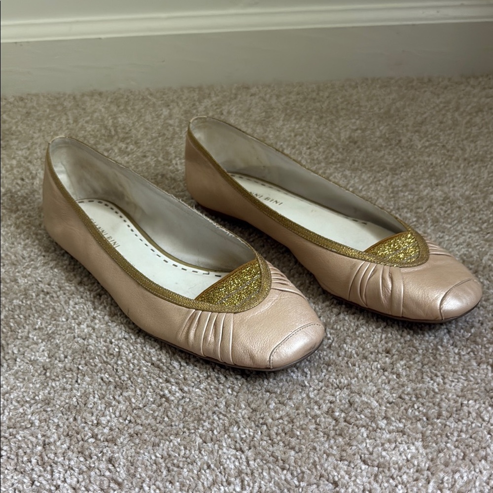 Gianni Bini Square Toe Ballet Flats Cream with Gold Details